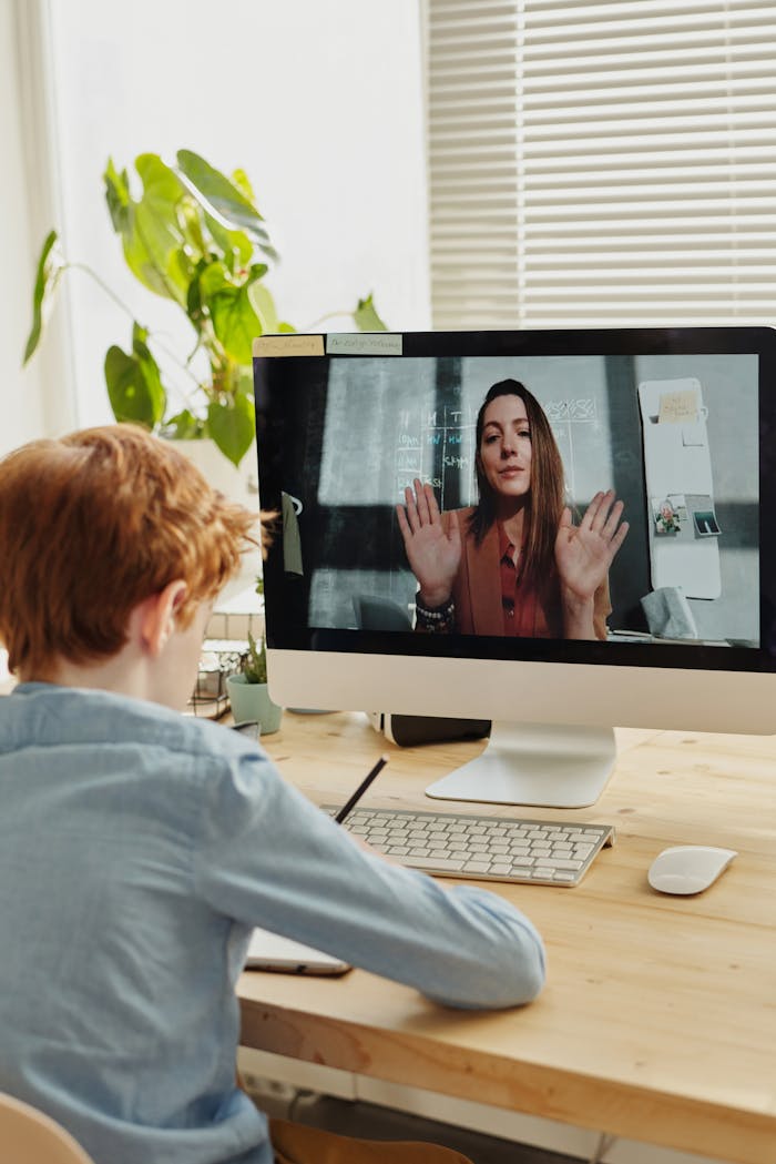 who-we-are A child participates in online learning through a video call with a teacher, using a desktop setup indoors.